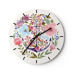 Wanduhr - Glasuhr - Ein lila Anker, umgeben von bunten Blumen - 30x30cm - Guter Traum eines Seemanns - Moderne Wanddekoration für Wohnzimmer, Küche und Schlafzimmer ARTTOR