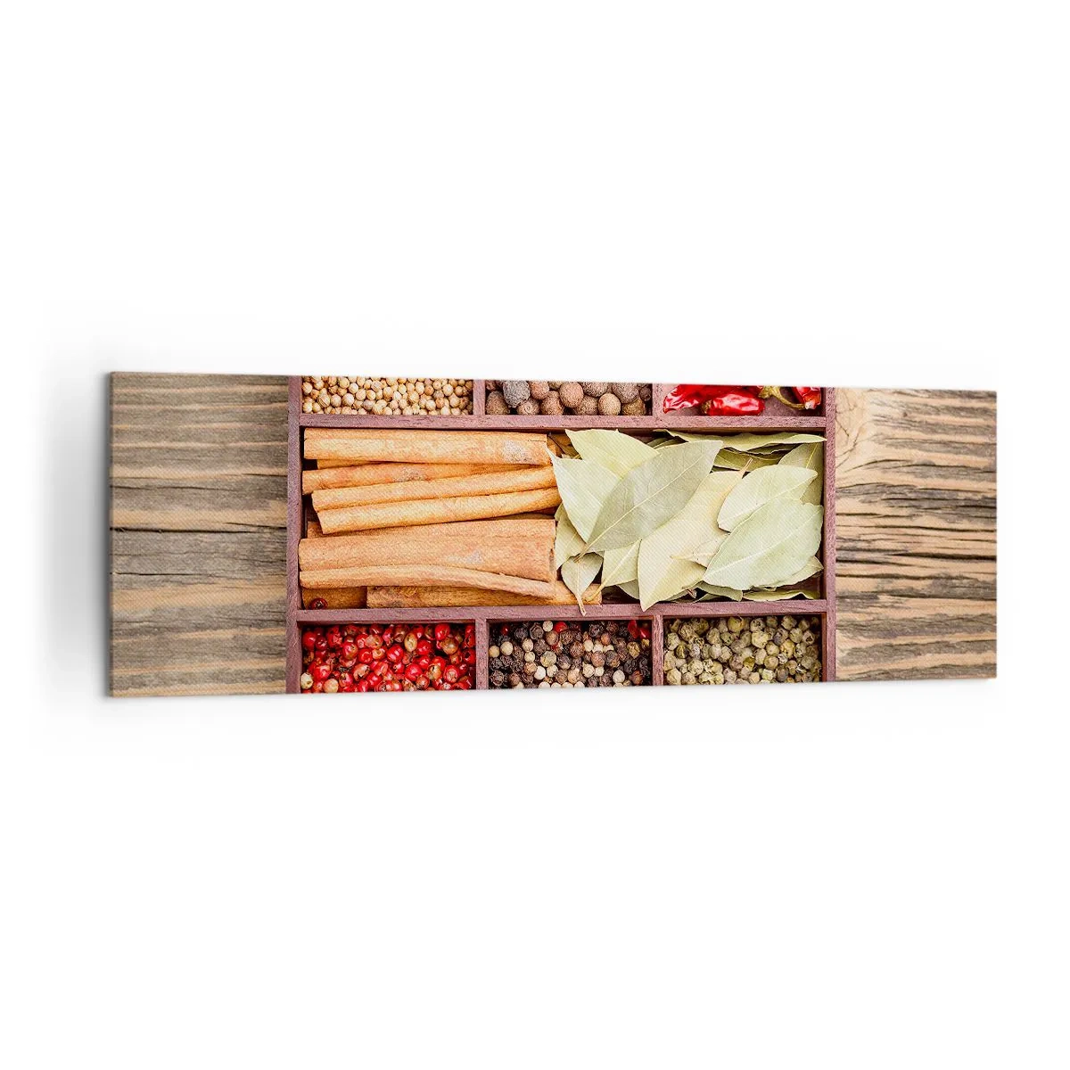Bild auf Leinwand - Leinwandbild - Holzkiste mit verschiedenen Gewürzen in Fächern - 160x50cm - Ordnung der Formen, Bouquet von Aromen - Moderne Wanddekoration für Wohnzimmer und Schlafzimmer ARTTOR
