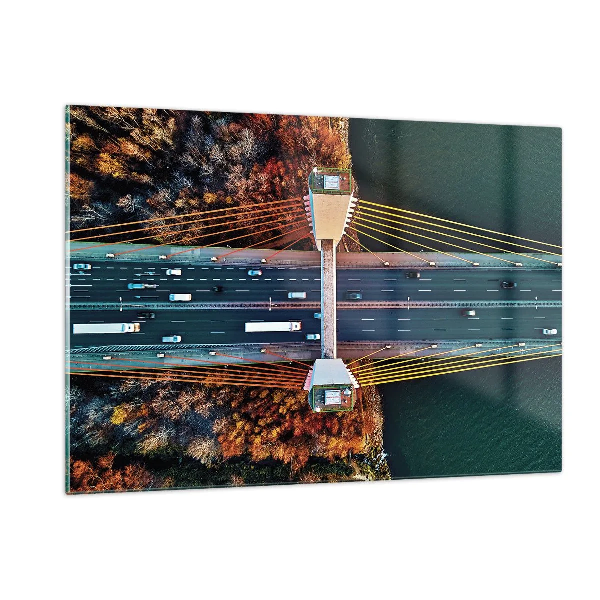 Glasbild - Bild auf glas - Luftaufnahme der Brücke mit symmetrischer Anordnung von Kabeln und Wagen - 120x80cm - Jenseits der Gewässer, jenseits der Wälder - Moderne Wanddekoration für Wohnzimmer und Schlafzimmer ARTTOR
