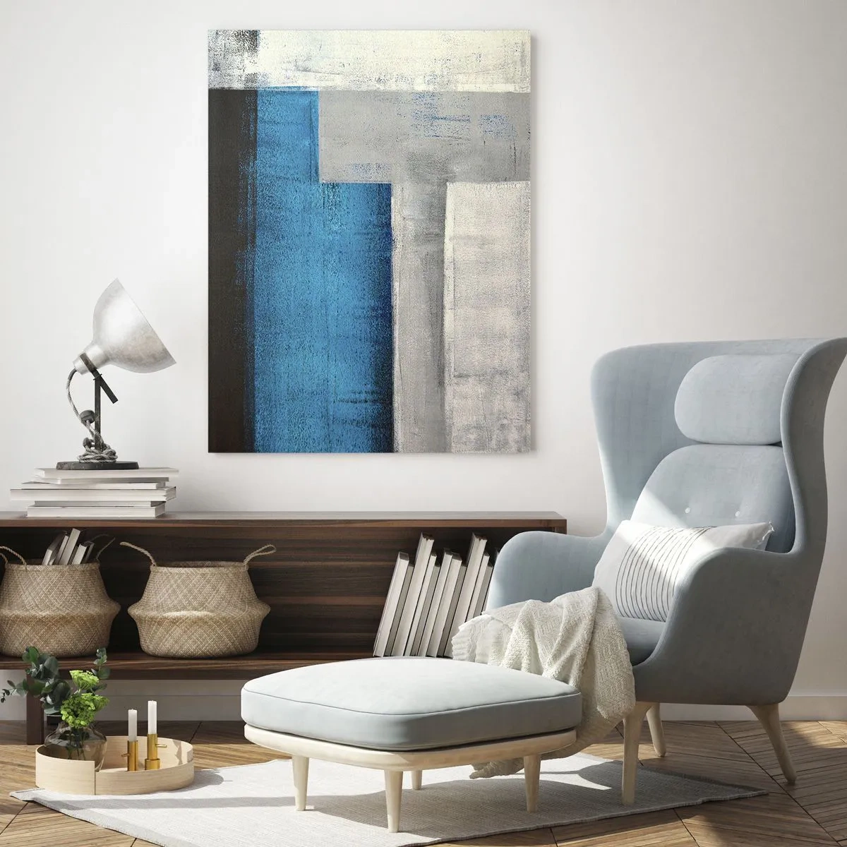 Glasbild - Bild auf glas - Eine abstrakte Komposition mit Blau-, Grau- und Weißtönen. - 80x120cm - Poetische Komposition aus Grau und Blau - Moderne Wanddekoration für Wohnzimmer und Schlafzimmer ARTTOR