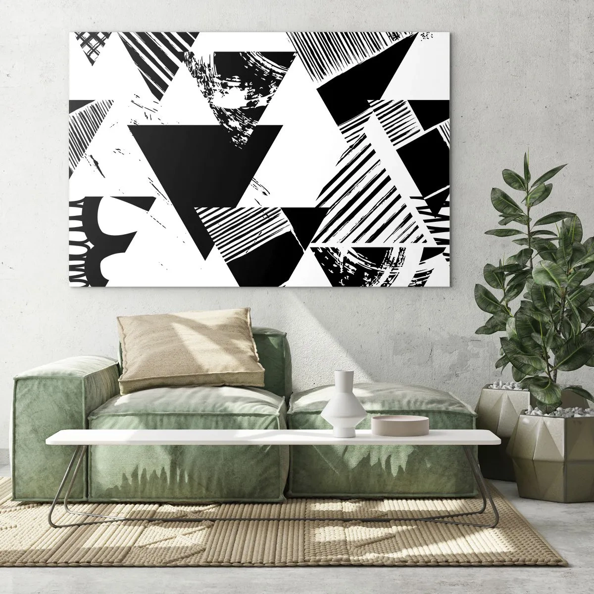 Glasbild - Bild auf glas - Schwarz-weiße geometrische Muster mit Dreiecksmotiven - 120x80cm - Regen von Dreiecken - Moderne Wanddekoration für Wohnzimmer und Schlafzimmer ARTTOR