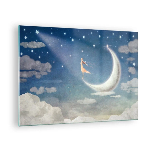 Glasbild - Bild auf glas - Eine Frau in einem wallenden Kleid steht auf dem Mond in einem Sternenhimmel. - 70x50cm - Blauer Freier - Moderne Wanddekoration für Wohnzimmer und Schlafzimmer ARTTOR