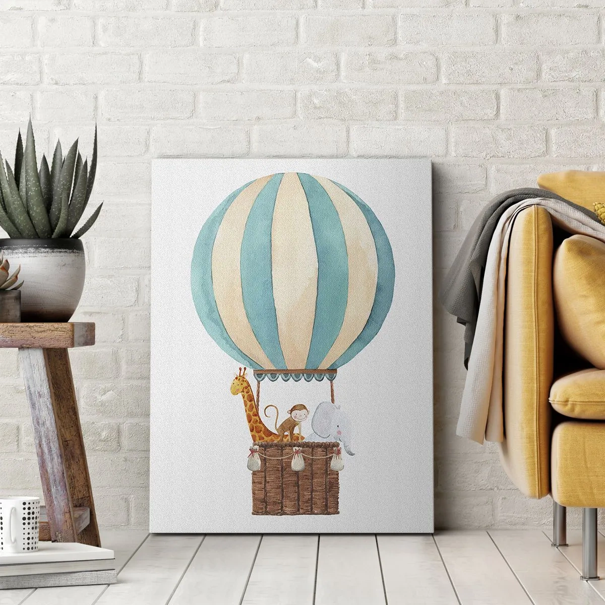 Bild auf Leinwand - Leinwandbild - Ein Ballon mit süßen Tieren in Pastellfarben - 50x70cm - Fantastische Reise - Moderne Wanddekoration für Wohnzimmer und Schlafzimmer ARTTOR
