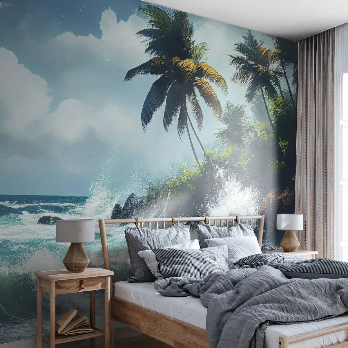 Fototapete Premium Sand - Wellen brechen gegen die Felsen eines tropischen Strandes mit Palmen - 100x70cm - Am tropischen Ufer - Moderne Wanddekoration für Wohnzimmer und Schlafzimmer ARTTOR