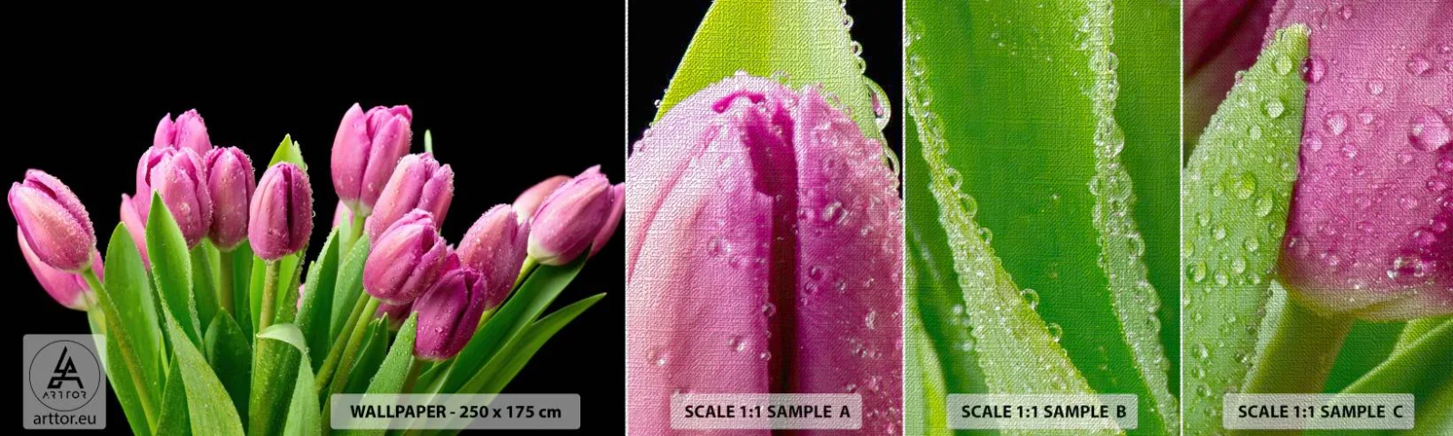 Fototapeten Muster Premium Canvas - Lila Frühlingsfreude - Blumen, Tulpen, Blumenstrauß - 100x30 cm