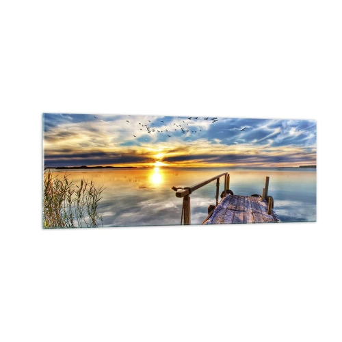 Glasbild - Bild auf glas - Holzsteg über dem See bei Sonnenuntergang - 140x50cm - Der Wind geht zur Ruhe - Moderne Wanddekoration für Wohnzimmer und Schlafzimmer ARTTOR