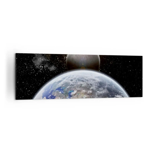 Bild auf Leinwand - Leinwandbild - Planet Erde und Mond vor dem Hintergrund des sternenklaren Weltraums. - 160x50cm - Weltraumlandschaft - Sonnenaufgang - Moderne Wanddekoration für Wohnzimmer und Schlafzimmer ARTTOR