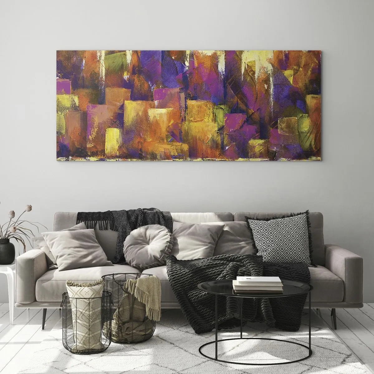 Glasbild - Bild auf glas - Abstrakte Komposition einer Metropole in Gelb- und Lilatönen - 160x50cm - Metropolitische Komposition - Moderne Wanddekoration für Wohnzimmer und Schlafzimmer ARTTOR