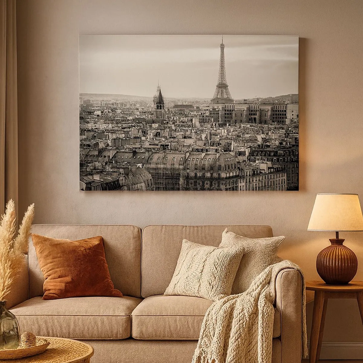 Bild auf Leinwand - Leinwandbild - Panorama von Paris mit dem Eiffelturm in Sepiatönen - 70x50cm - Über den Dächern von Paris - Moderne Wanddekoration für Wohnzimmer und Schlafzimmer ARTTOR