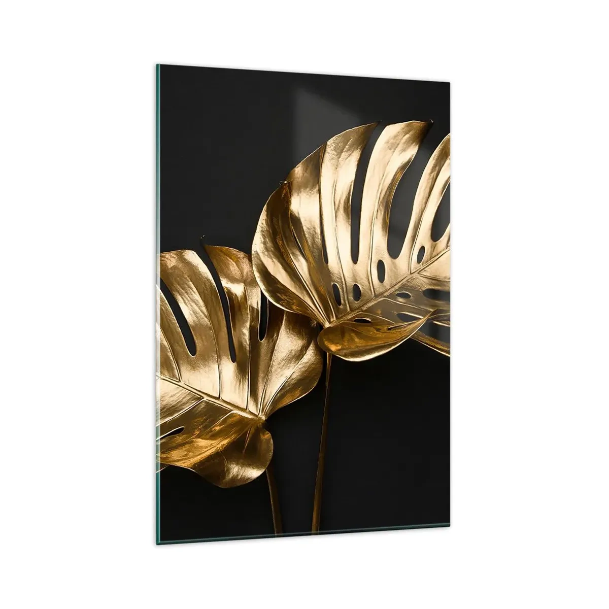 Glasbild - Bild auf glas - Goldene Monstera-Blätter auf schwarzem Hintergrund - 80x120cm - Die Schätze der Natur - Moderne Wanddekoration für Wohnzimmer und Schlafzimmer ARTTOR