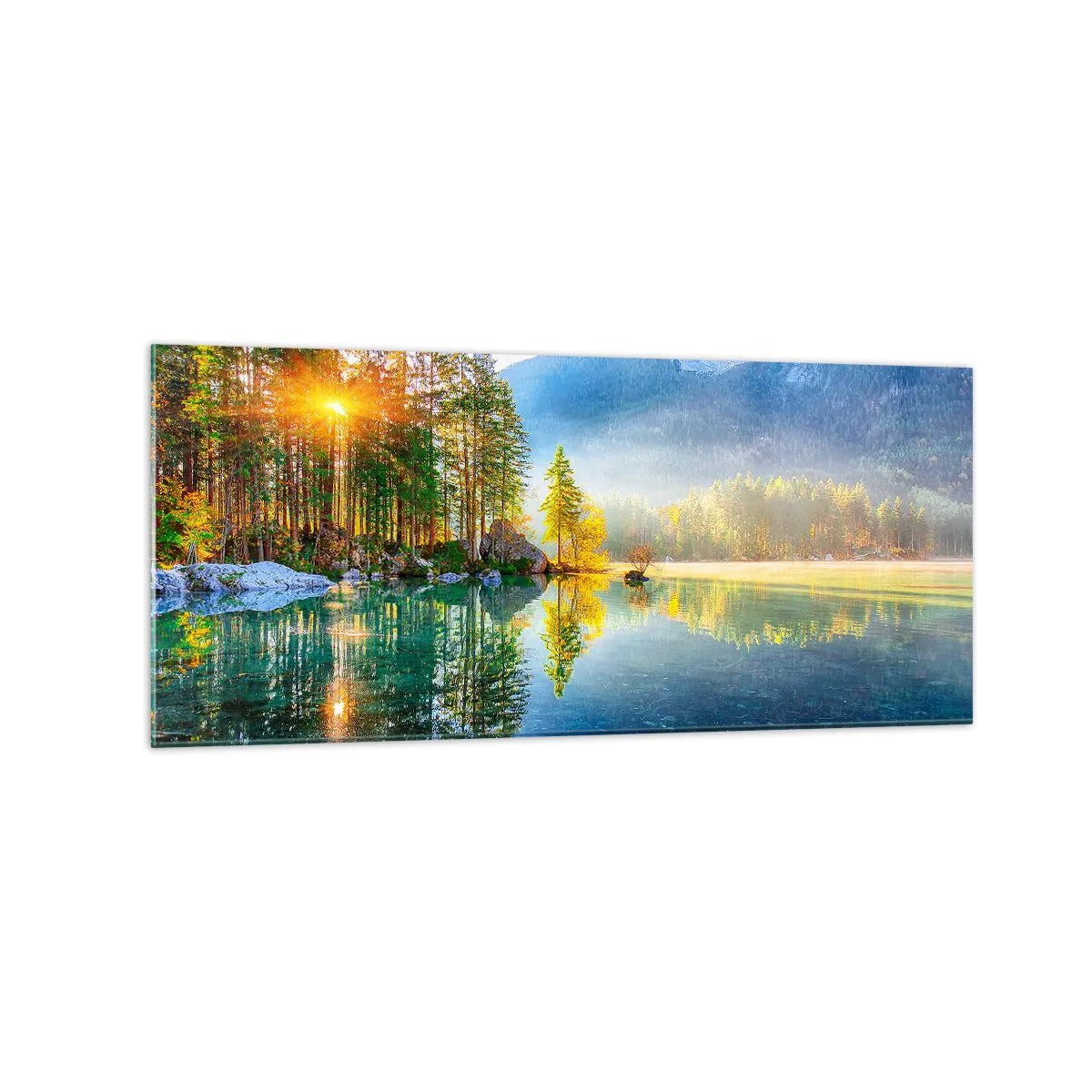 Glasbild - Bild auf glas - Ein See, umgeben von Bergen und Wäldern in den Strahlen der Sonne - 120x50cm - Majestät und Süße - Moderne Wanddekoration für Wohnzimmer und Schlafzimmer ARTTOR