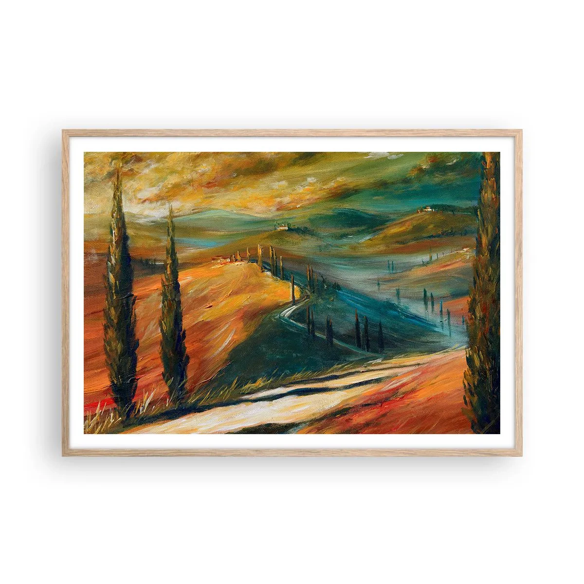 Poster in einem Rahmen aus heller Eiche - Toskanische Landschaft - 100x70 cm