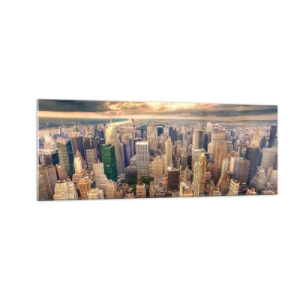 Glasbild - Bild auf glas - Stadtpanorama mit Blick auf Wolkenkratzer bei Sonnenuntergang - 140x50cm - Vergoldete Metropole - Moderne Wanddekoration für Wohnzimmer und Schlafzimmer ARTTOR