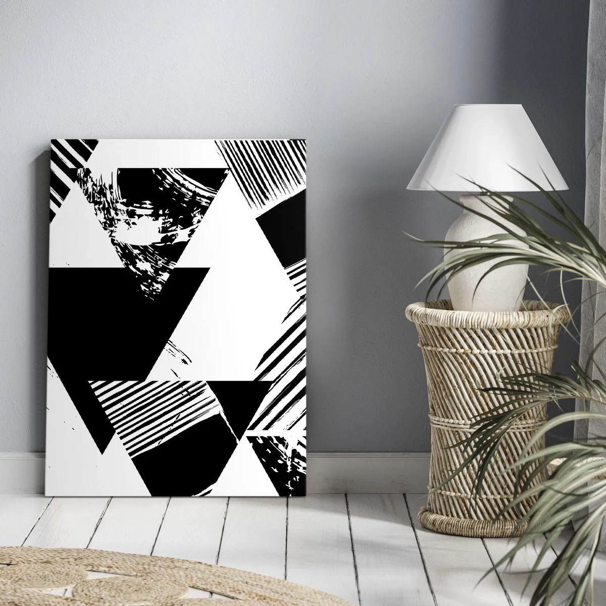 Bild auf Leinwand - Leinwandbild - Geometrische Muster in minimalistischer Schwarz-Weiß-Form - 50x70cm - Regen von Dreiecken - Moderne Wanddekoration für Wohnzimmer und Schlafzimmer ARTTOR
