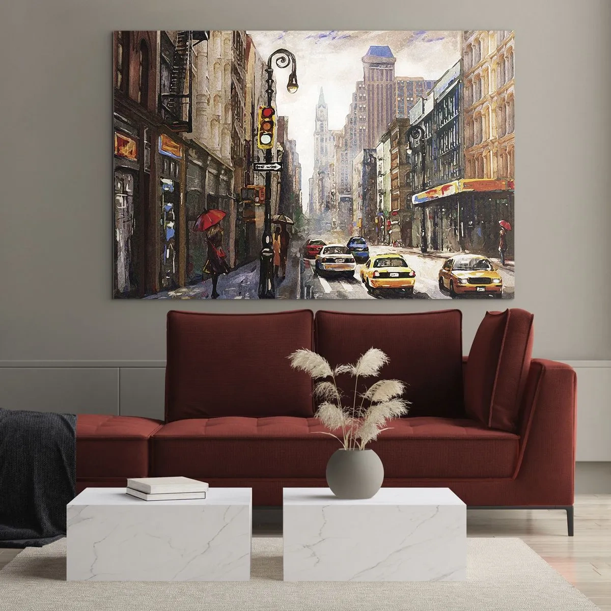Glasbild - Bild auf glas - New York – auch im Regen bunt - 70x50cm - New York - auch im Regen bunt - Moderne Wanddekoration für Wohnzimmer und Schlafzimmer ARTTOR