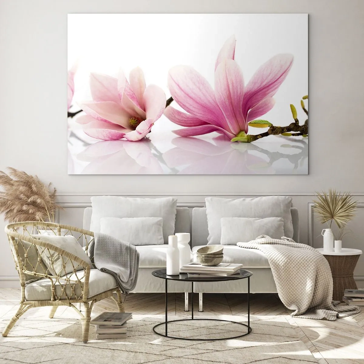 Glasbild - Bild auf glas - Zarte Magnolienblüten auf weißem Hintergrund - 100x70cm - Zart wie ein Frühlingswind - Moderne Wanddekoration für Wohnzimmer und Schlafzimmer ARTTOR