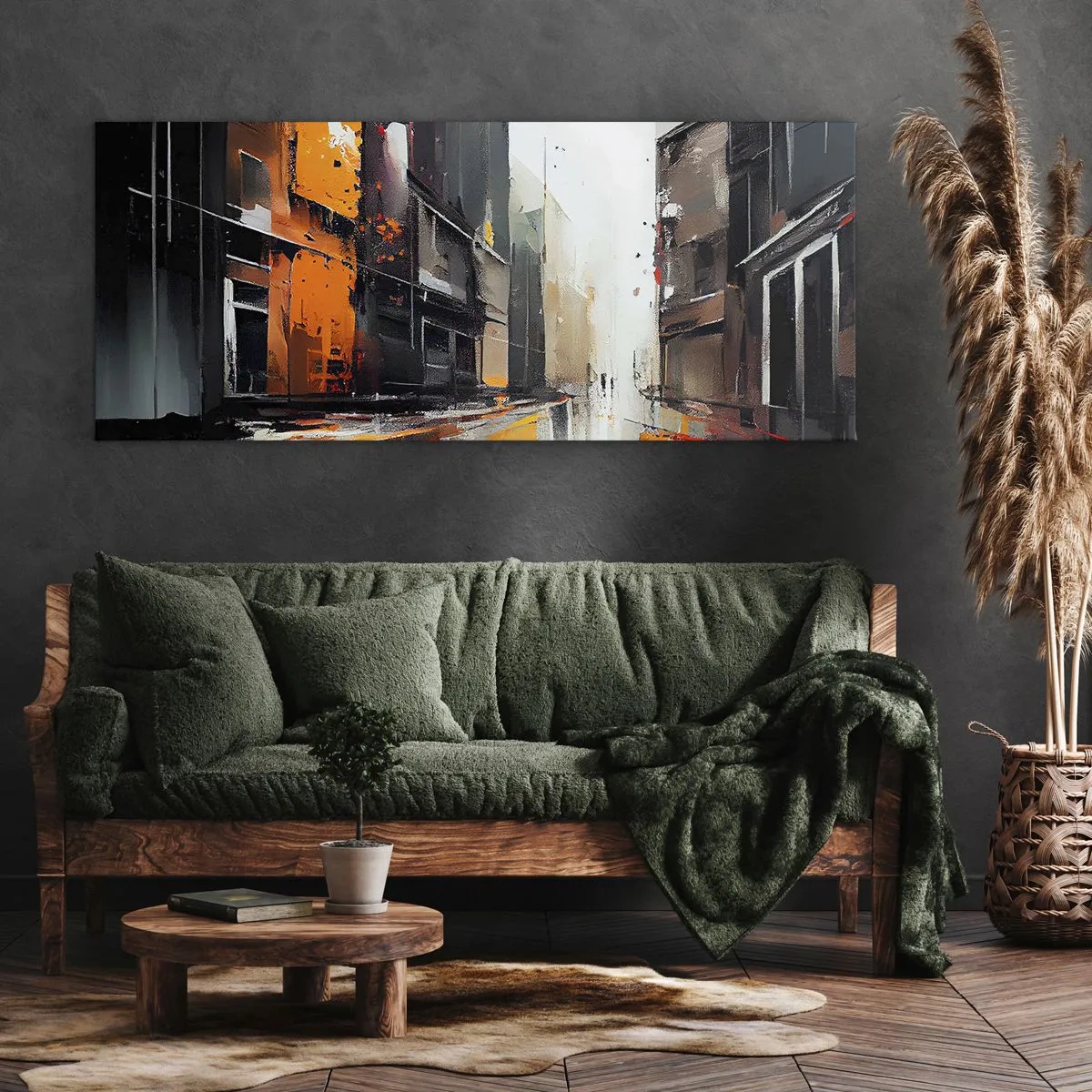 Bild auf Leinwand - Leinwandbild - Abstrakte Ansicht einer Stadtstraße im Regen - 120x50cm - Regnerischer Tag - Moderne Wanddekoration für Wohnzimmer und Schlafzimmer ARTTOR