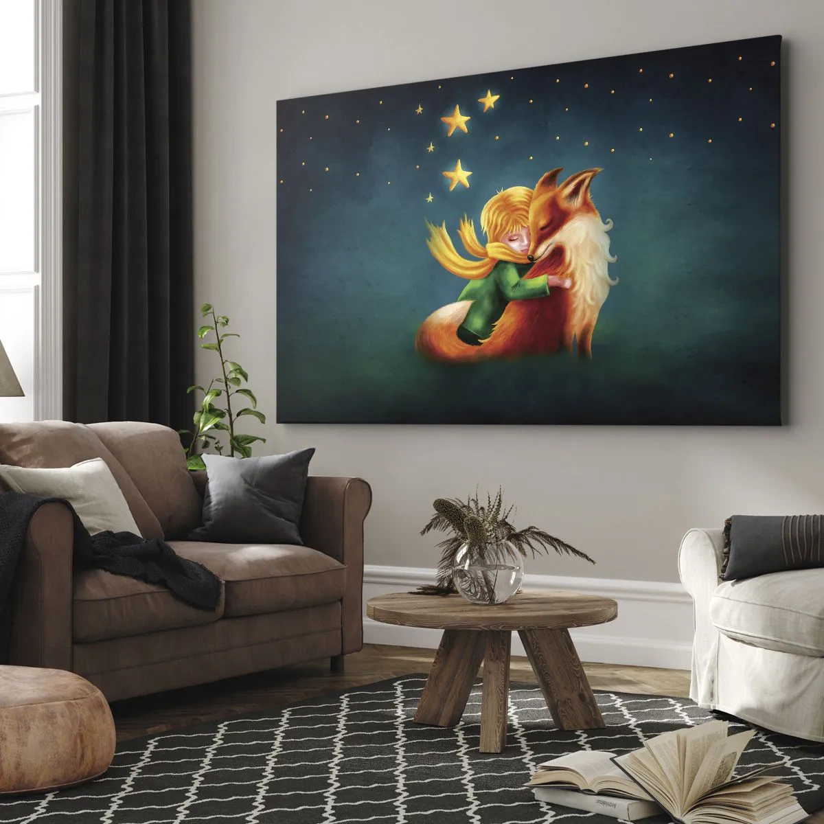 Bild auf Leinwand - Leinwandbild - Ein Junge mit einem Fuchs in einer magischen Umgebung mit Sternen - 100x70cm - Kleiner Prinz - Moderne Wanddekoration für Wohnzimmer und Schlafzimmer ARTTOR