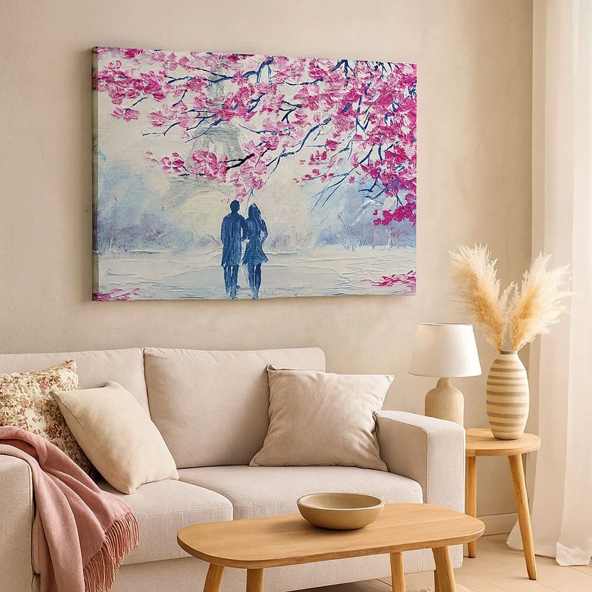 Bild auf Leinwand - Leinwandbild - Ein Paar unter blühenden rosa Bäumen in romantischer Umgebung - 70x50cm - Romantischer Spaziergang - Moderne Wanddekoration für Wohnzimmer und Schlafzimmer ARTTOR