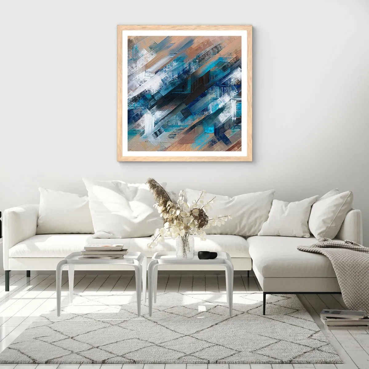 Poster in einem Rahmen aus heller Eiche - Auf einer blauen Diagonale - 60x60 cm