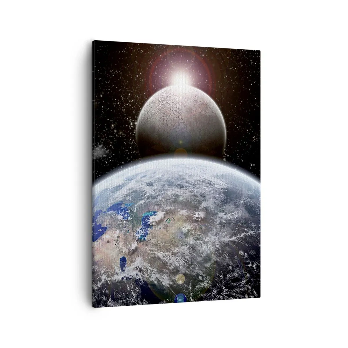 Bild auf Leinwand - Leinwandbild - Planet Erde und Mond vor dem Hintergrund des sternenklaren Weltraums. - 50x70cm - Weltraumlandschaft - Sonnenaufgang - Moderne Wanddekoration für Wohnzimmer und Schlafzimmer ARTTOR
