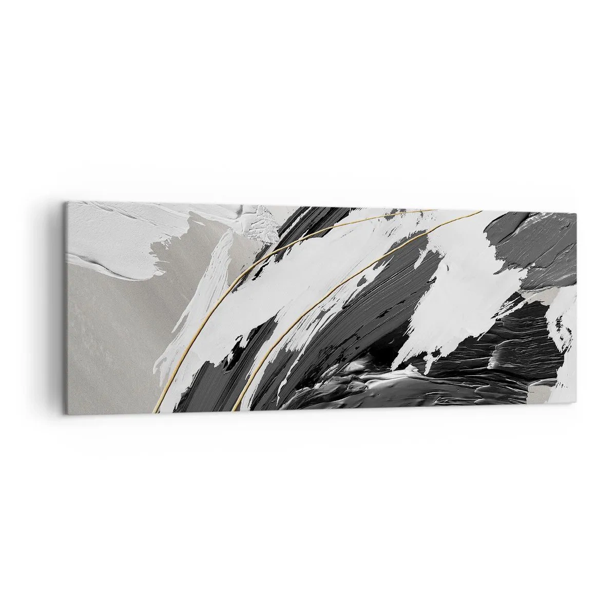 Bild auf Leinwand - Leinwandbild - Schwarze und weiße Pinselstriche mit einem subtilen goldenen Akzent - 140x50cm - Abstraktion in großem Stil - Moderne Wanddekoration für Wohnzimmer und Schlafzimmer ARTTOR