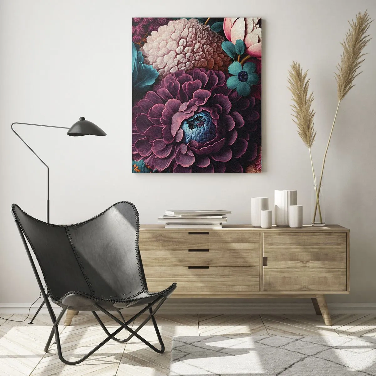 Glasbild - Bild auf glas - Eine reiche Komposition aus Blumen in intensiven Farben - 50x70cm - Natur in Hülle und Fülle - Moderne Wanddekoration für Wohnzimmer und Schlafzimmer ARTTOR