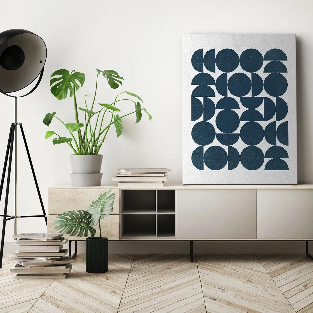 Bild auf Leinwand - Leinwandbild - Geometrische Formen in Marineblautönen auf weißem Hintergrund - 50x70cm - Kreise und Halbkreise - Moderne Wanddekoration für Wohnzimmer und Schlafzimmer ARTTOR