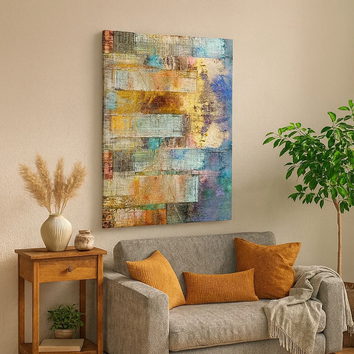 Bild auf Leinwand - Leinwandbild - Abstrakte Wolkenkratzer im Industriestil - 50x70cm - Sonnige Metropole - Moderne Wanddekoration für Wohnzimmer und Schlafzimmer ARTTOR