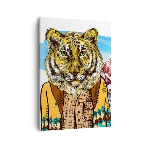 Bild auf Leinwand - Leinwandbild - Ein Tiger im Mantel vor einer Berglandschaft - 50x70cm - Nicht so wild, wie sie ihn zeichnen - Moderne Wanddekoration für Wohnzimmer und Schlafzimmer ARTTOR