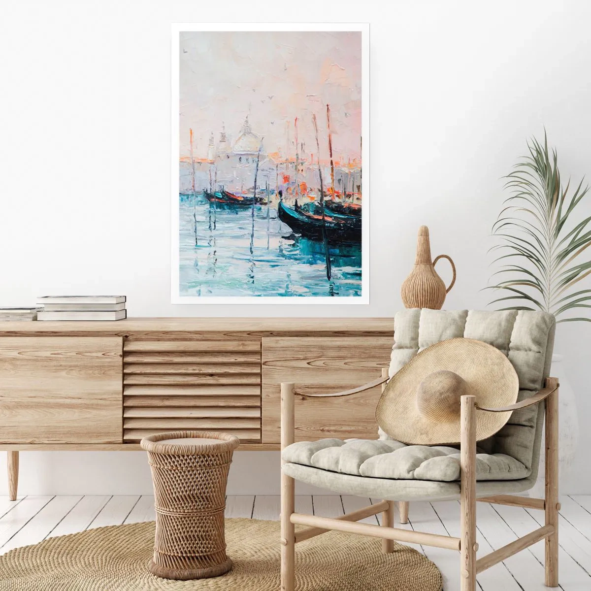 Poster - Venedig mit Gondeln im impressionistischen Malstil - 50x70cm - Hinter dem Wasser, hinter dem Nebel - Moderne Wanddekoration für Wohnzimmer und Schlafzimmer ARTTOR