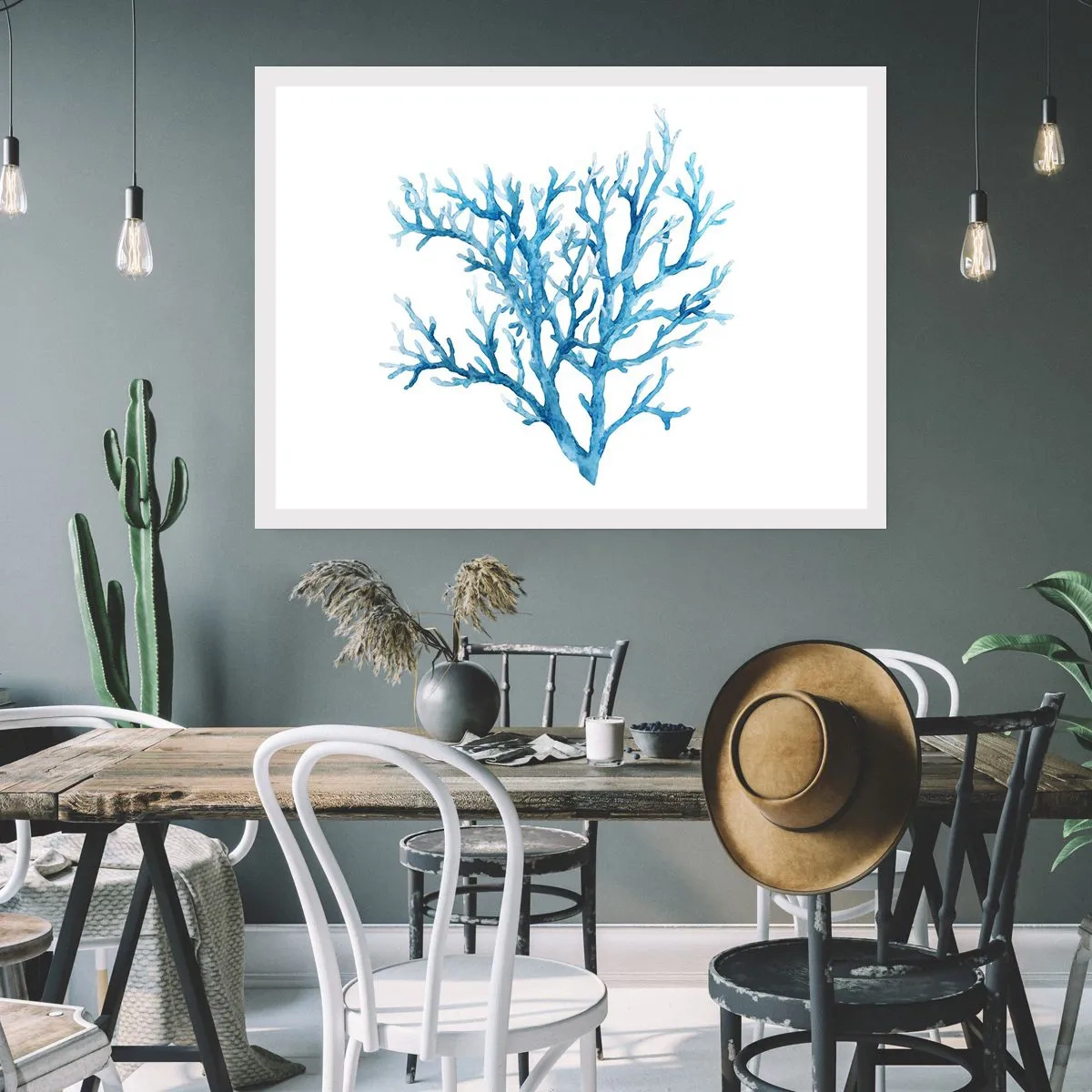 Poster - Blaue Koralle auf weißem Hintergrund mit minimalistischem Flair - 100x70cm - Nautisches Filigran - Moderne Wanddekoration für Wohnzimmer und Schlafzimmer ARTTOR