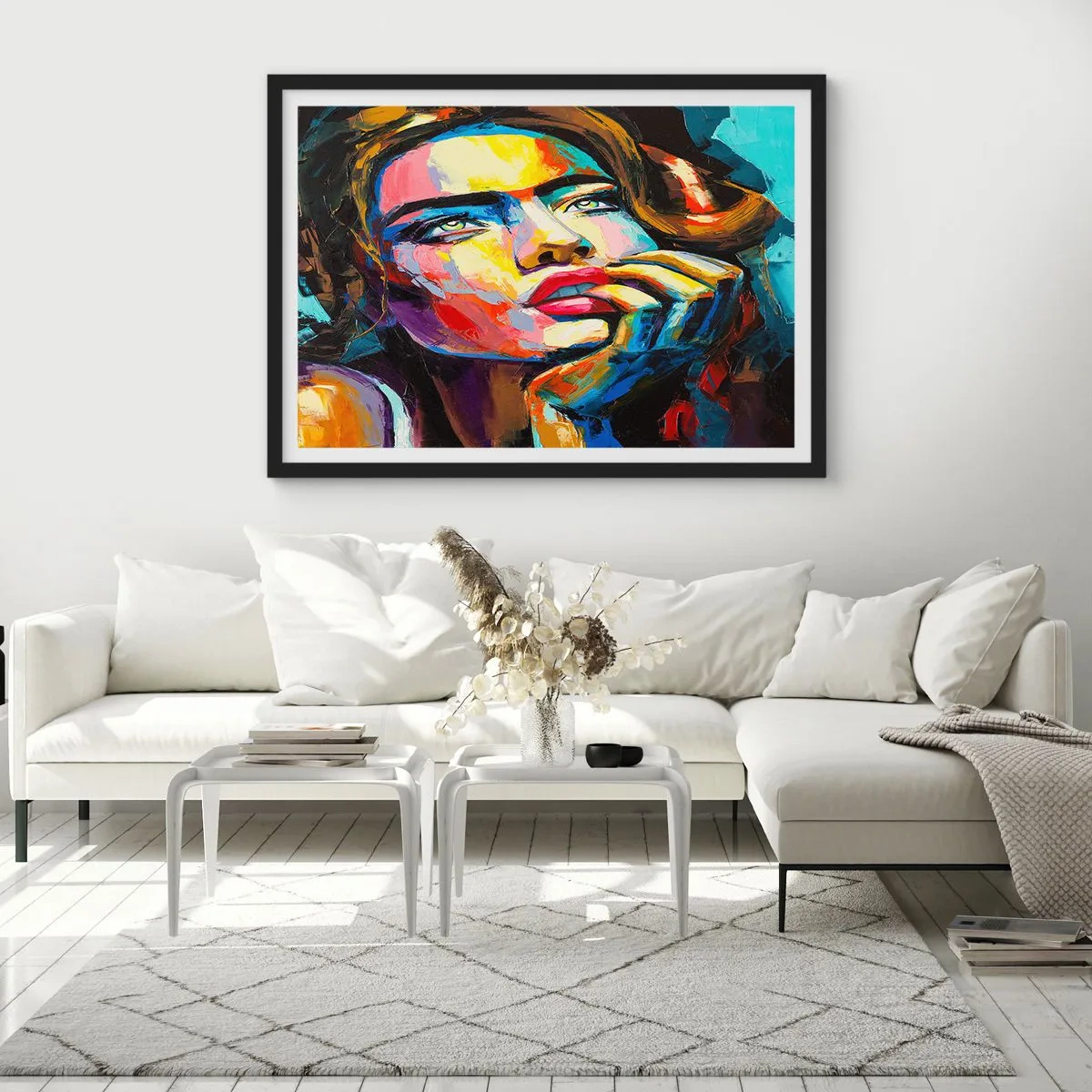 Poster in einem schwarzem Rahmen - Farbenfrohes Frauenporträt im expressionistischen Stil - 70x50cm - Träume fliegen am Himmel wie Vögel - Moderne Wanddekoration für Wohnzimmer und Schlafzimmer ARTTOR