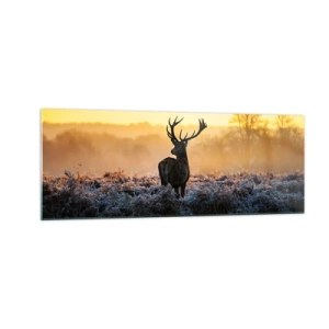 Glasbild - Bild auf glas - Ein Reh auf einer frostigen Lichtung bei Sonnenaufgang - 140x50cm - Gekrönt auf seinem Besitz - Moderne Wanddekoration für Wohnzimmer und Schlafzimmer ARTTOR