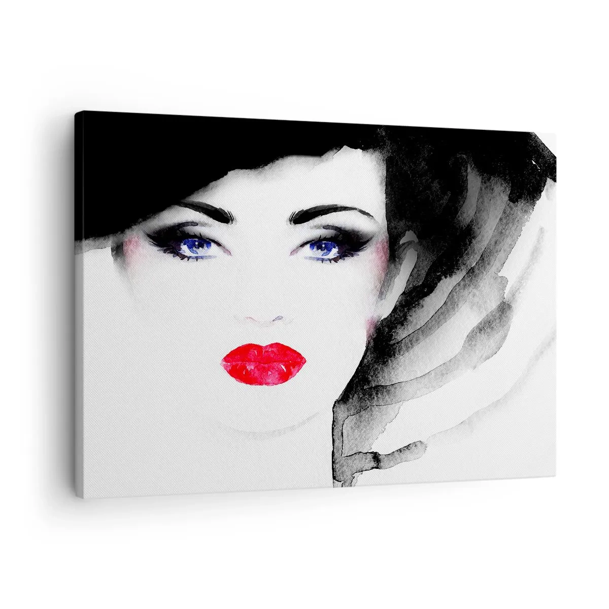 Bild auf Leinwand - Leinwandbild - Porträt einer Frau mit roten Lippen und intensiven blauen Augen - 70x50cm - Er drückt zurück und ruft an - Moderne Wanddekoration für Wohnzimmer und Schlafzimmer ARTTOR