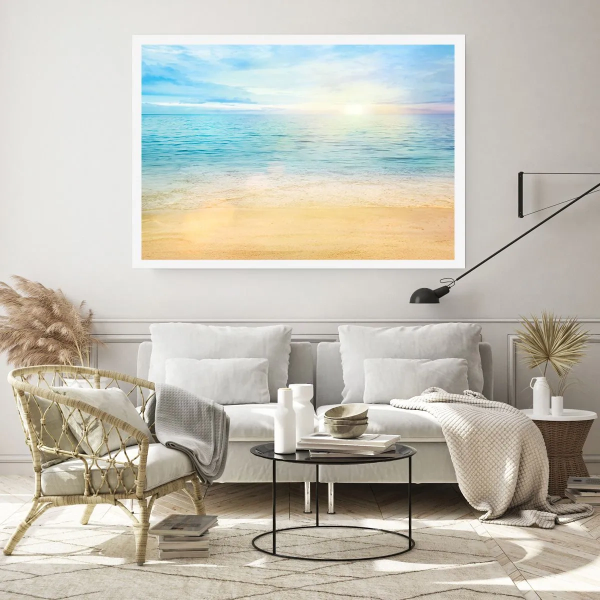 Poster - Ein Strand mit türkisfarbenem Meer und klarem Himmel - 100x70cm - Großes Blau - Moderne Wanddekoration für Wohnzimmer und Schlafzimmer ARTTOR