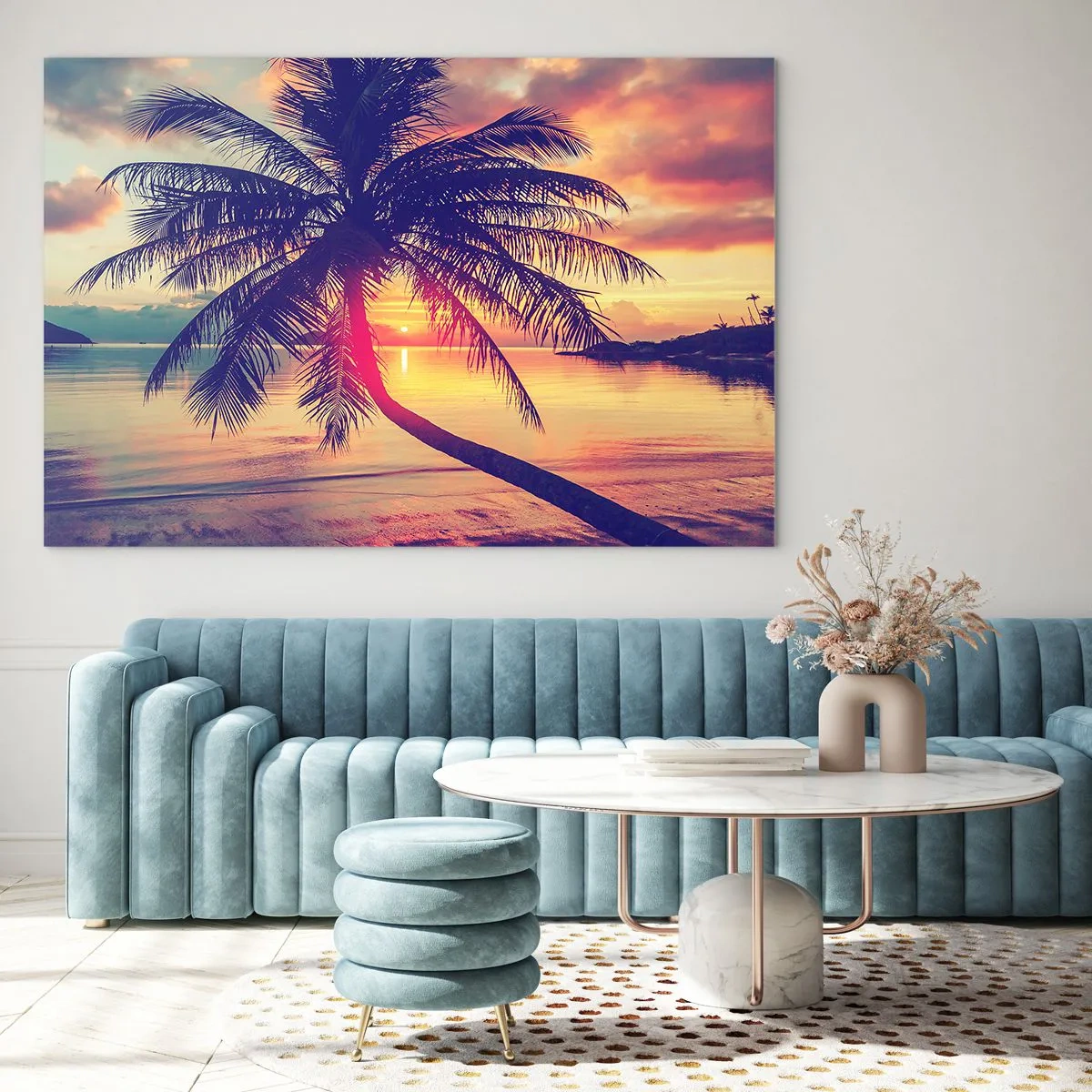 Glasbild - Bild auf glas - Palme bei Sonnenuntergang über einem ruhigen Meer - 120x80cm - Abend unter Palmen - Moderne Wanddekoration für Wohnzimmer und Schlafzimmer ARTTOR