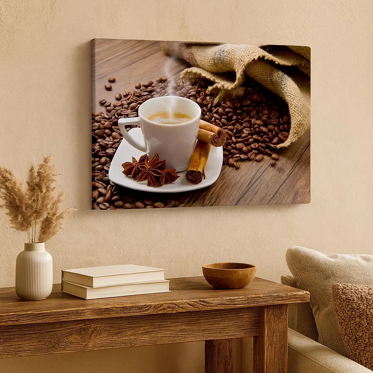 Bild auf Leinwand - Leinwandbild - Eine Tasse Kaffee mit Zimt und Anis auf einem Hintergrund aus Kaffeebohnen - 70x50cm - Würziger Geschmack und Aroma - Moderne Wanddekoration für Wohnzimmer und Schlafzimmer ARTTOR