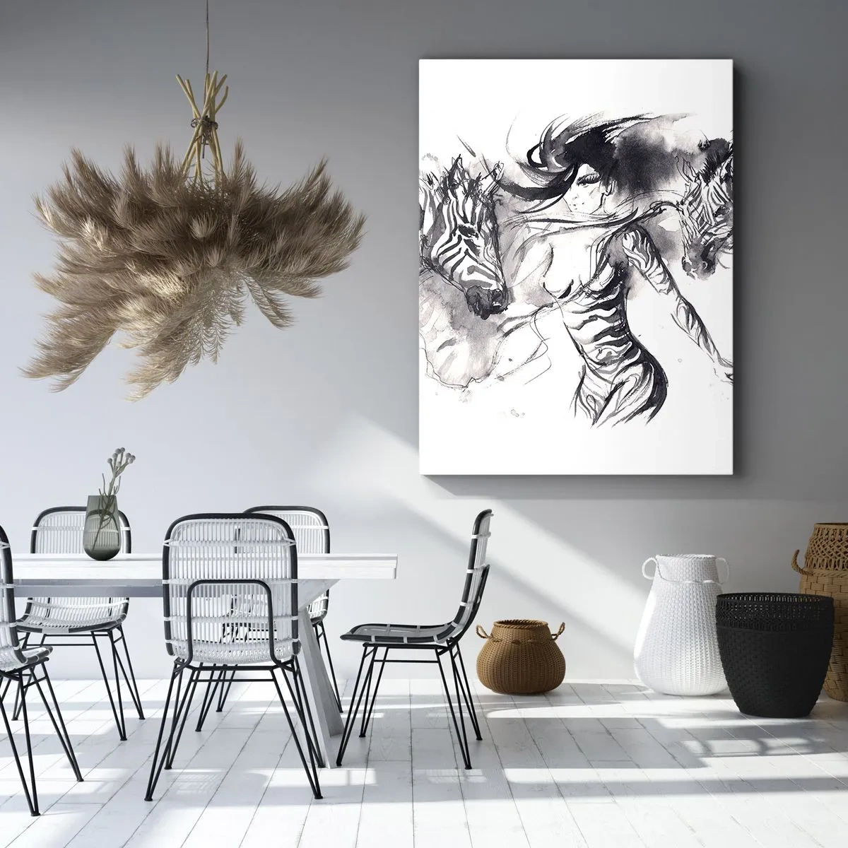 Bild auf Leinwand - Leinwandbild - Eine Frau in einem dynamischen Tanz mit Zebras in einer Schwarz-Weiß-Ästhetik - 50x70cm - Tanzen mit den Zebras - Moderne Wanddekoration für Wohnzimmer und Schlafzimmer ARTTOR