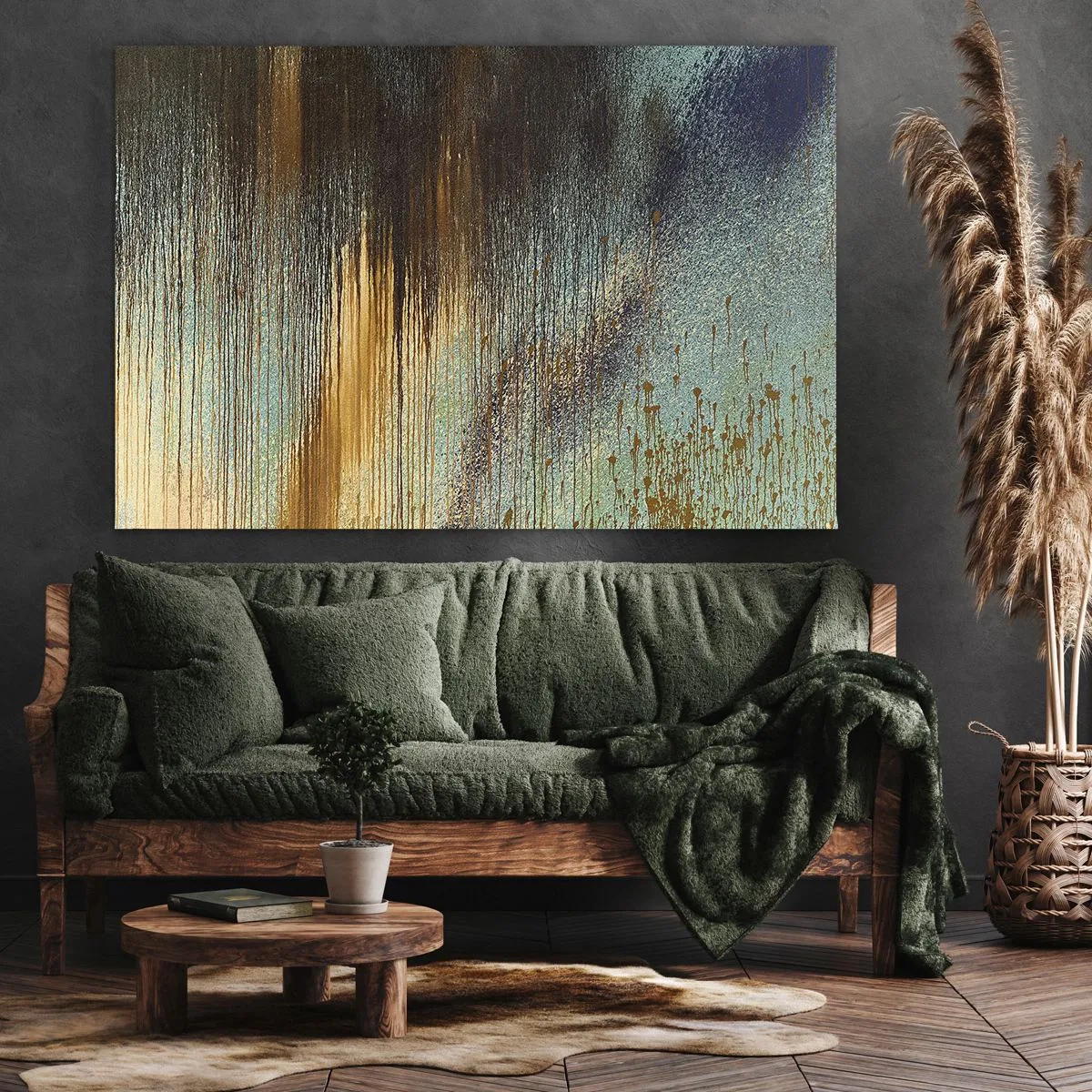 Bild auf Leinwand - Leinwandbild - Eine abstrakte Farbkomposition in Gold-, Braun- und Blautönen. - 70x50cm - Eine nicht zufällige farbenfrohe Komposition - Moderne Wanddekoration für Wohnzimmer und Schlafzimmer ARTTOR