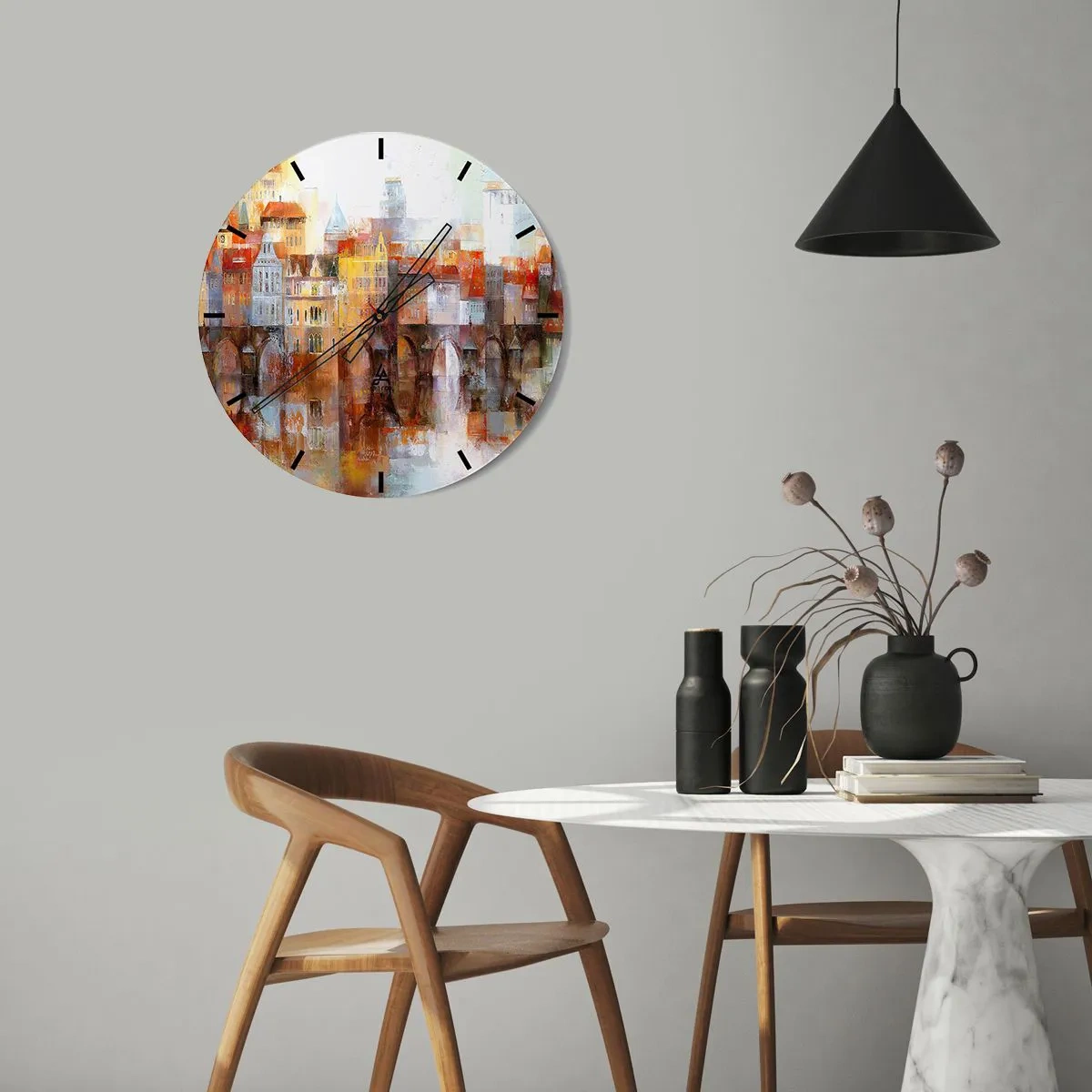 Wanduhr - Glasuhr - Eine malerische Stadt mit einer Brücke und einer Spiegelung im Wasser - 30x30cm - Schön ist es auch unter der Brücke - Moderne Wanddekoration für Wohnzimmer, Küche und Schlafzimmer ARTTOR