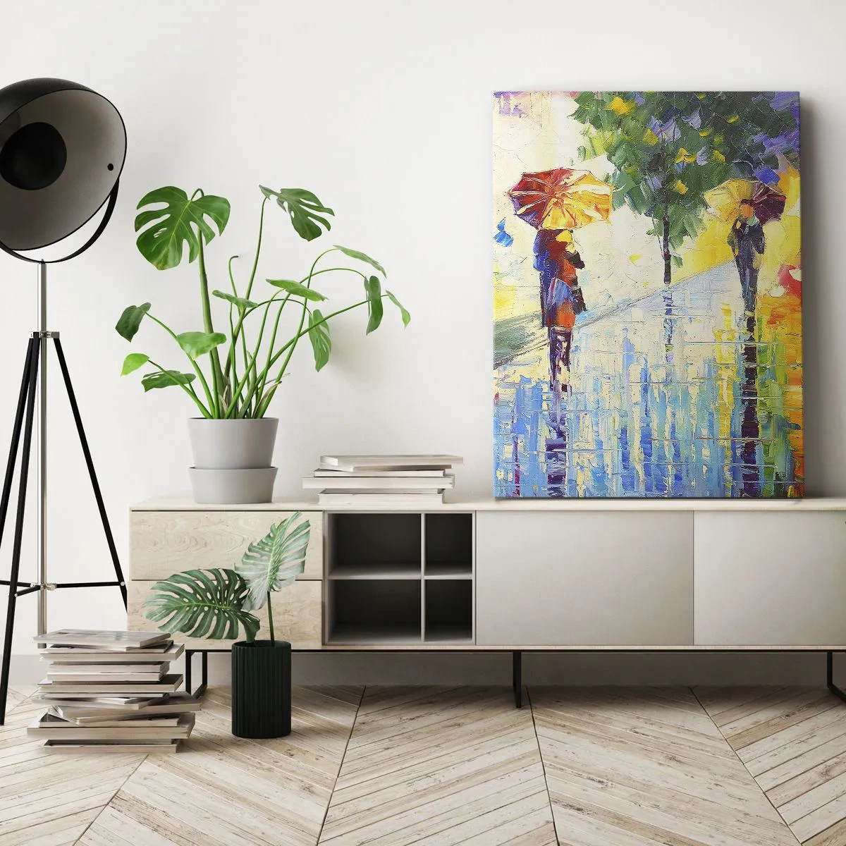 Bild auf Leinwand - Leinwandbild - Ein Spaziergang mit Regenschirm in einer farbenfrohen Regenlandschaft - 50x70cm - Und alles klar - Moderne Wanddekoration für Wohnzimmer und Schlafzimmer ARTTOR