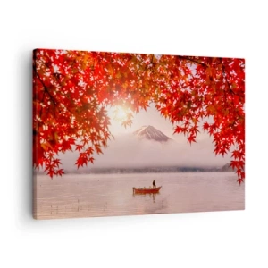 Bild auf Leinwand - Leinwandbild - Ein Boot auf einem See, umgeben von roten Ahornblättern - 70x50cm - Im japanischen Klima - Moderne Wanddekoration für Wohnzimmer und Schlafzimmer ARTTOR
