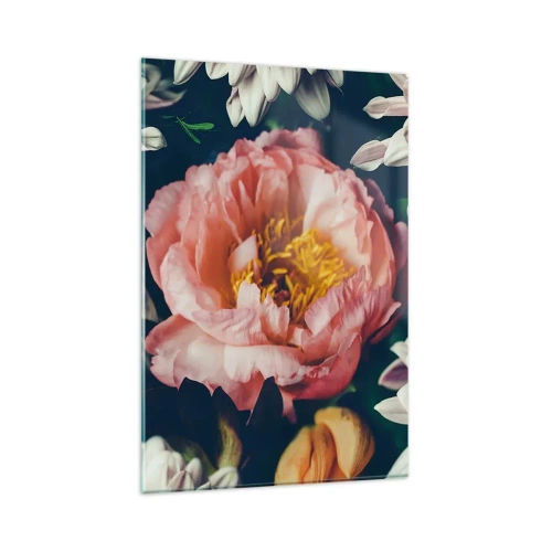 Glasbild - Bild auf glas - Blumenarrangement mit Pfingstrosen und Chrysanthemen auf dunklem Hintergrund - 80x120cm - Mit barocker Pracht - Moderne Wanddekoration für Wohnzimmer und Schlafzimmer ARTTOR
