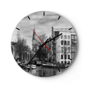 Wanduhr - Glasuhr - Schwarz-Weiß-Ansicht des Kanals und der Stadtarchitektur - 30x30cm - Amsterdamer Atmosphäre - Moderne Wanddekoration für Wohnzimmer, Küche und Schlafzimmer ARTTOR