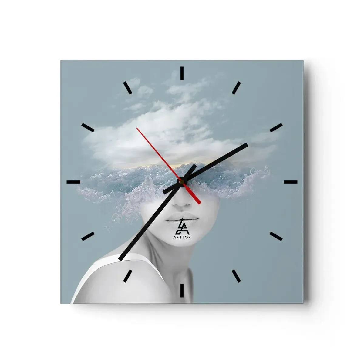 Wanduhr - Glasuhr - Porträt einer Frau, deren Gesicht hinter Wolken und Wellen verborgen ist - 30x30cm - Mit dem Kopf in den Wolken - Moderne Wanddekoration für Wohnzimmer und Schlafzimmer ARTTOR