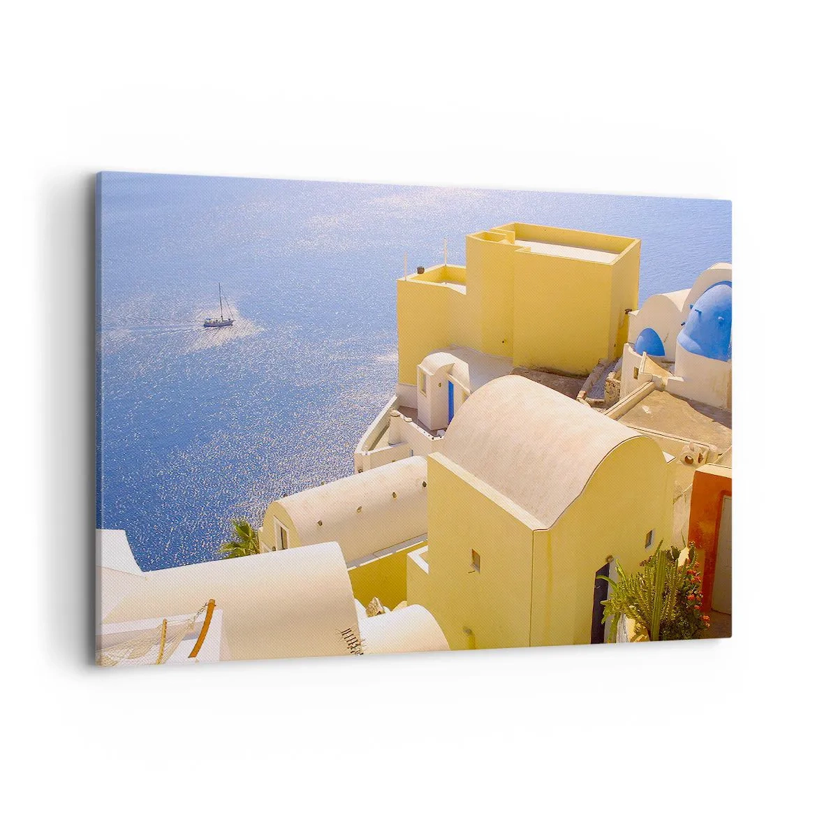 Bild auf Leinwand - Leinwandbild - Griechische Architektur mit Meerblick und einem Boot im Hintergrund - 120x80cm - Griechische Landschaft in Weiß und Blau - Moderne Wanddekoration für Wohnzimmer und Schlafzimmer ARTTOR