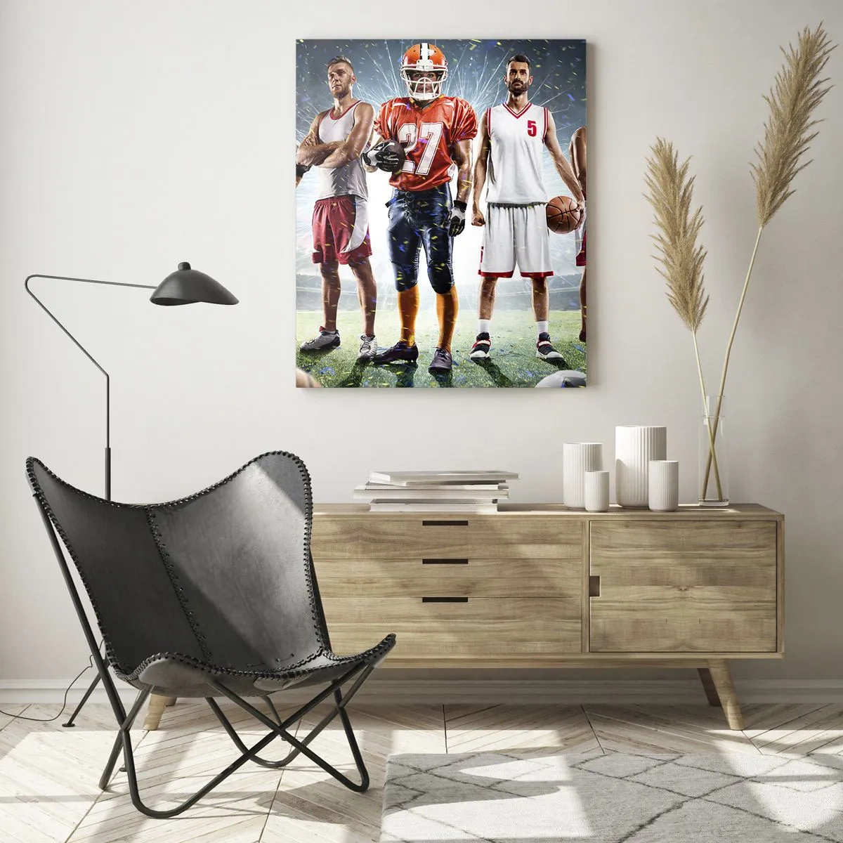 Glasbild - Bild auf glas - Athleten verschiedener Disziplinen im Stadion im Rampenlicht - 50x70cm - Feldgladiatoren - Moderne Wanddekoration für Wohnzimmer und Schlafzimmer ARTTOR