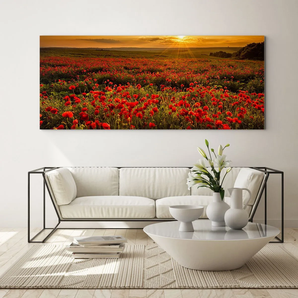 Glasbild - Bild auf glas - Ein Feld mit roten Mohnblumen im Schein der untergehenden Sonne - 160x50cm - Unter den Wellen raschelnder Wiesen, unter den Blumen der Flut - Moderne Wanddekoration für Wohnzimmer und Schlafzimmer ARTTOR
