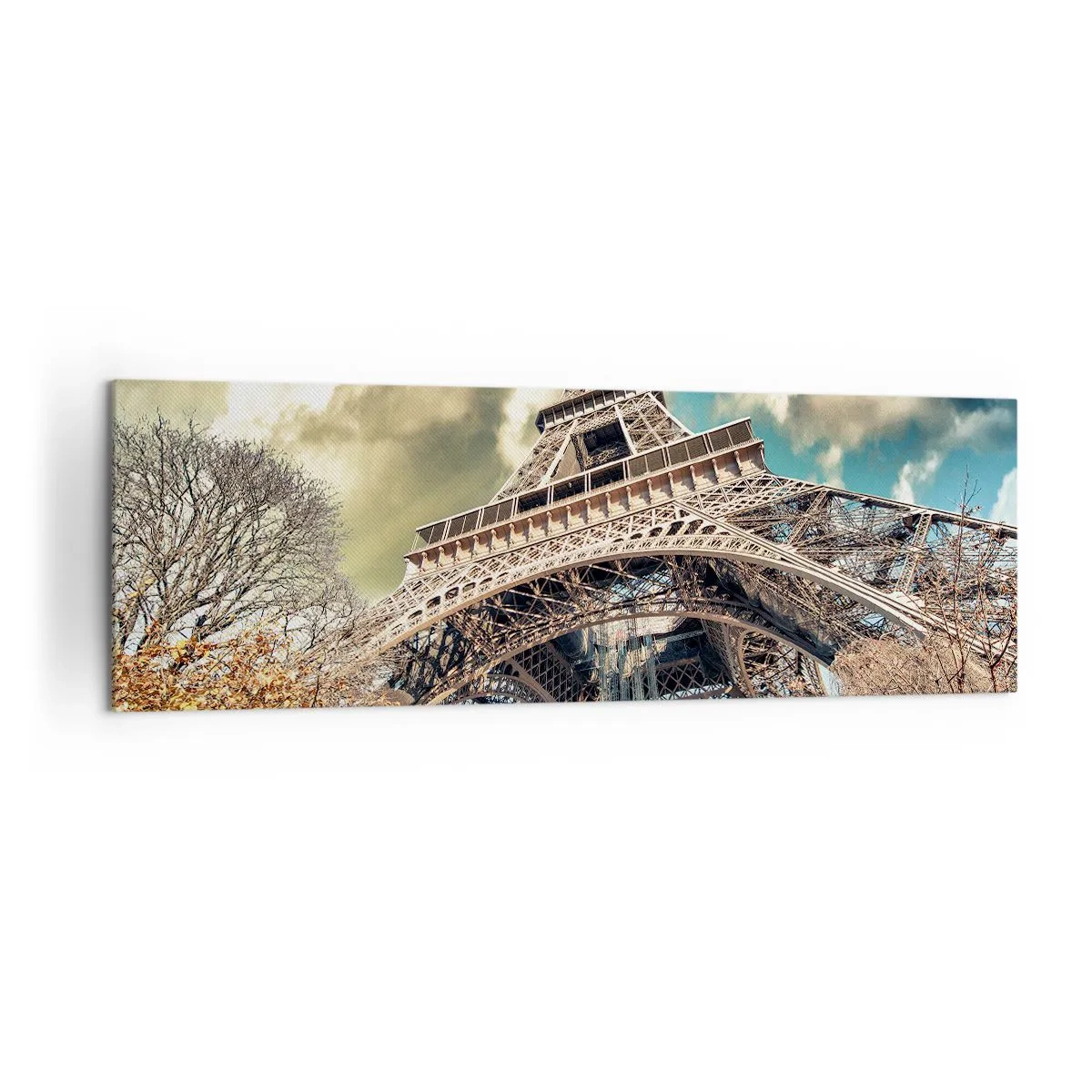 Bild auf Leinwand - Leinwandbild - Der Eiffelturm von unten in herbstlicher Kulisse - 160x50cm - Und im Herbst in Paris ... - Moderne Wanddekoration für Wohnzimmer und Schlafzimmer ARTTOR